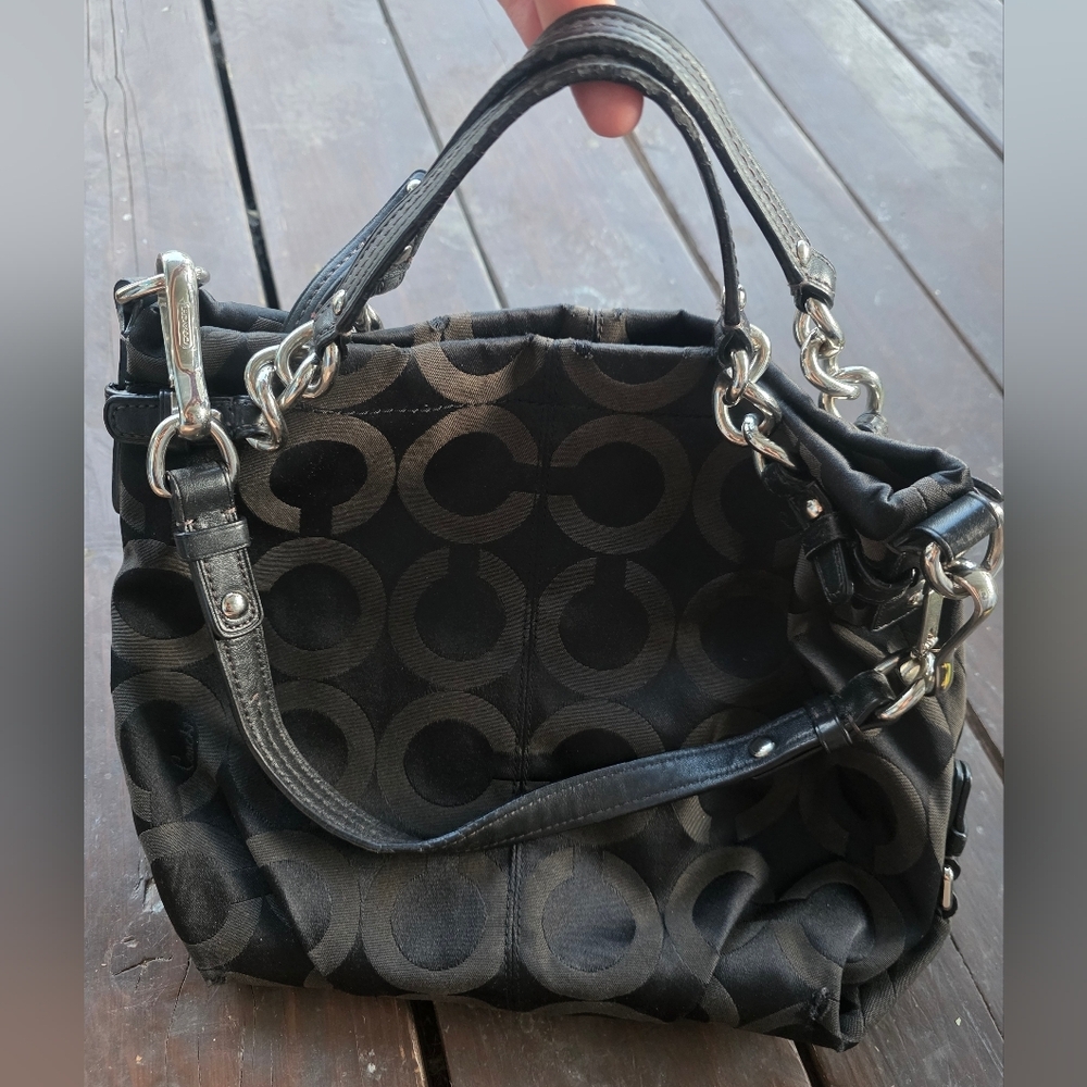 Vintage COACH HOBO TWO WAY BAG MONOGRAM JACQUARD SIGNATURE LOGO BLACK Y2K